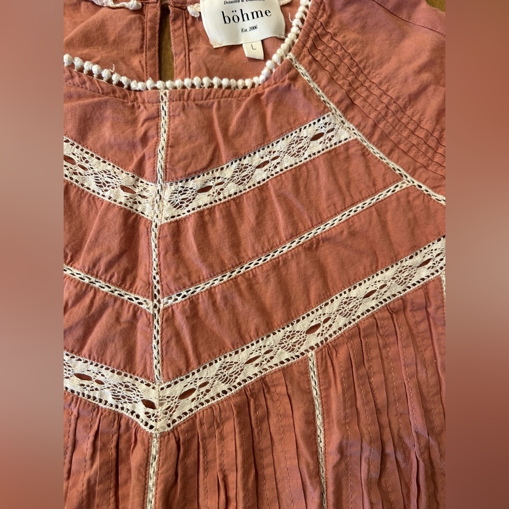 Anthropologie bohme Salmon Lace Trim Peasant Blouse. Large. - Picture 3 of 6